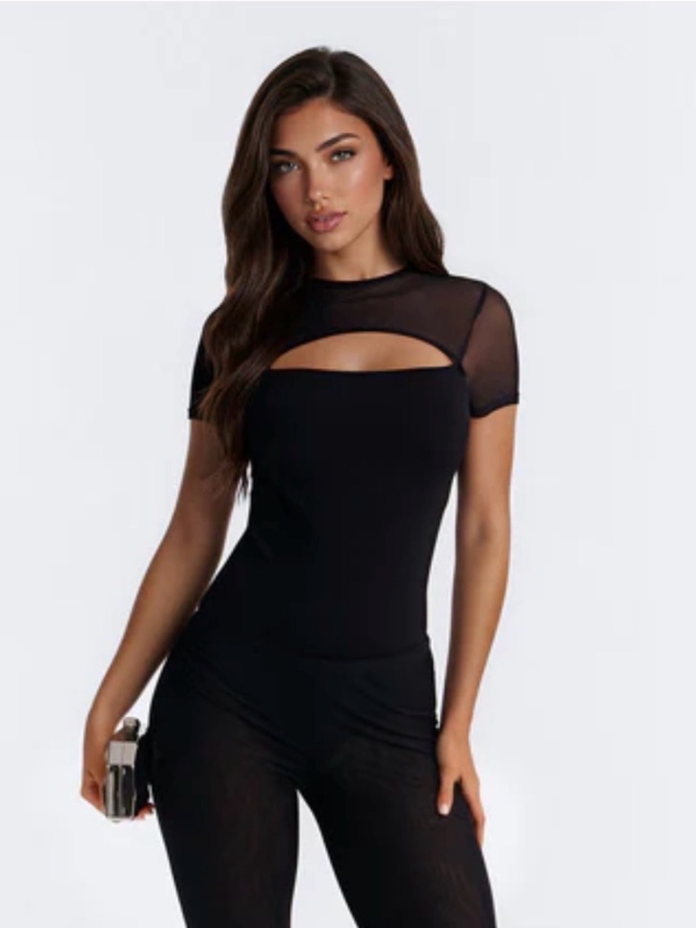 NWT - Fashion Nova Milan Mesh Short Sleeve Bodysuit - (Black)